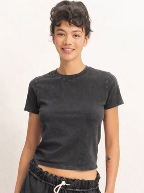 NEW Double Zero Black Mineral Wash Fitted Tee Crew Neck Basic Shirt Top